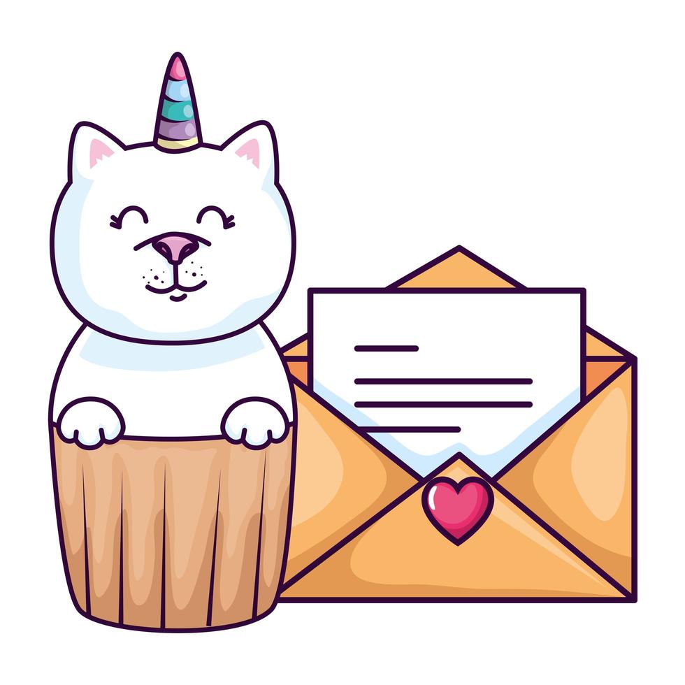 bolinho de unicórnio gato fofo com envelope vetor