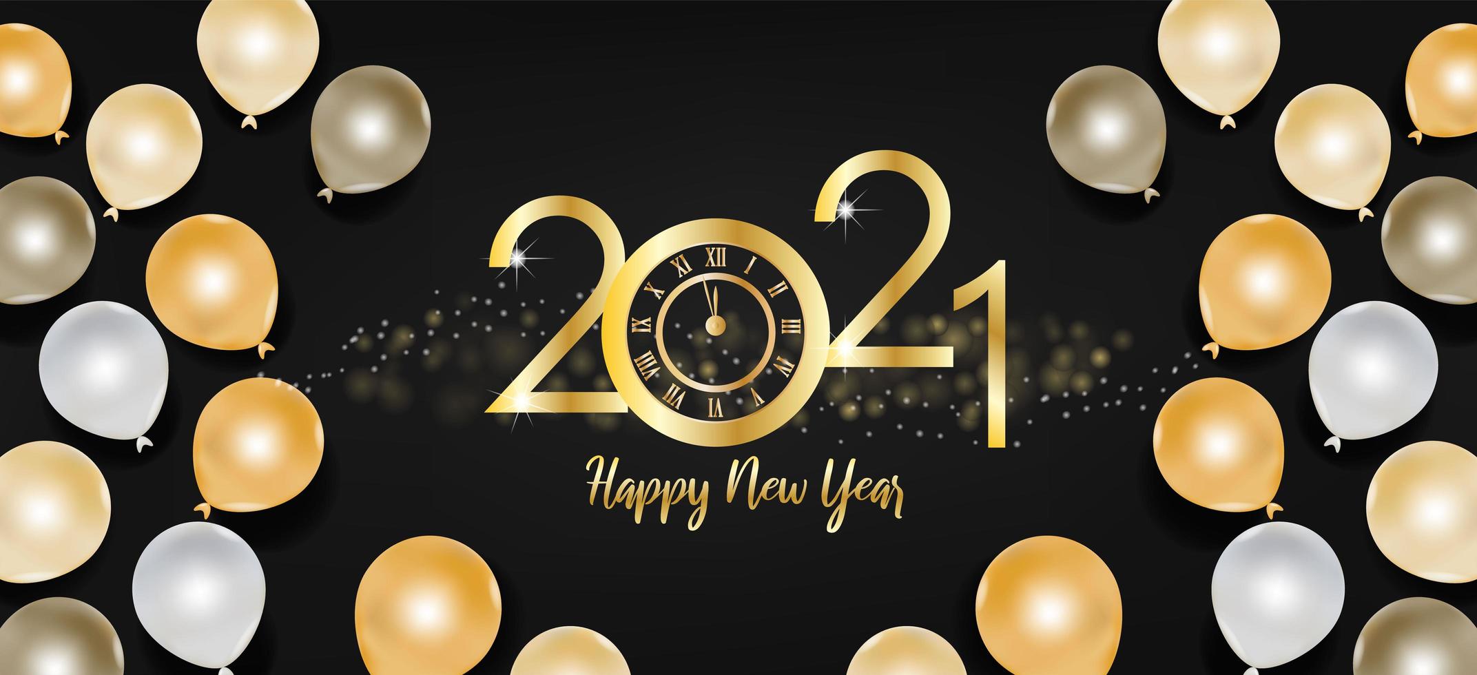texto de feliz ano novo 2021 e balões dourados e pretos vetor