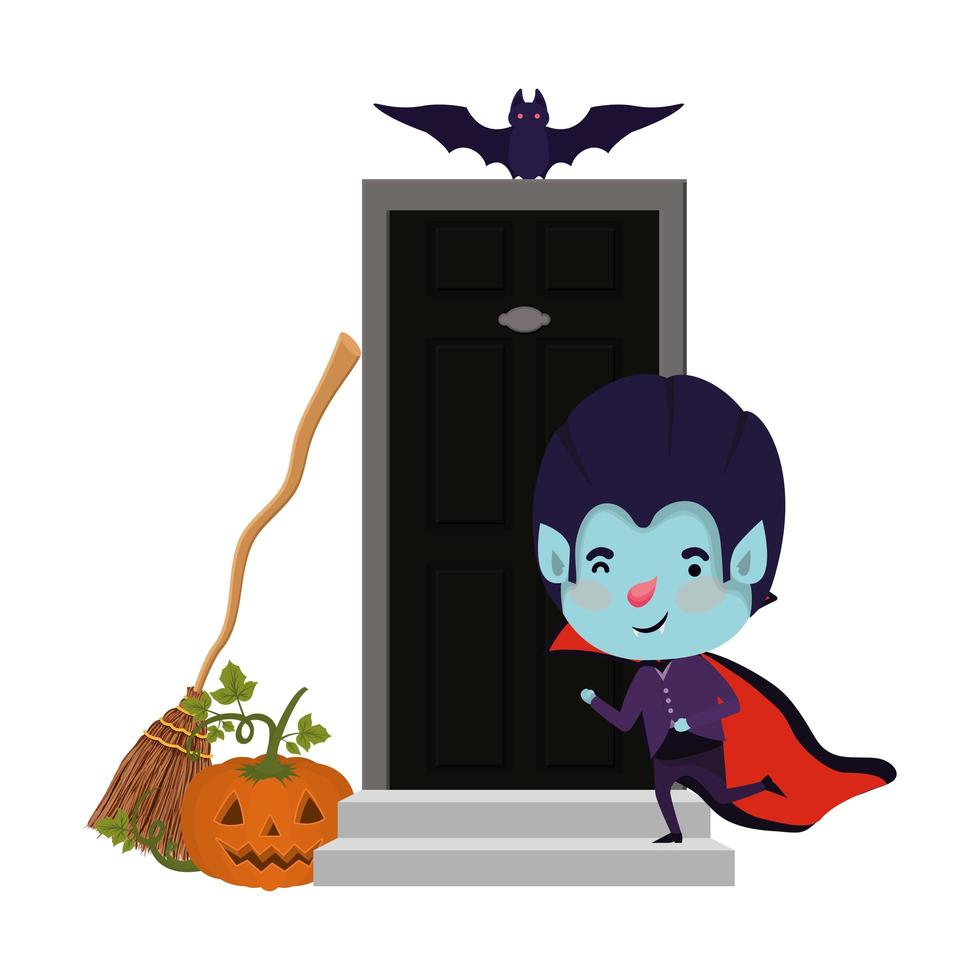 menino com fantasia de drácula e morcegos voando pela porta da casa vetor