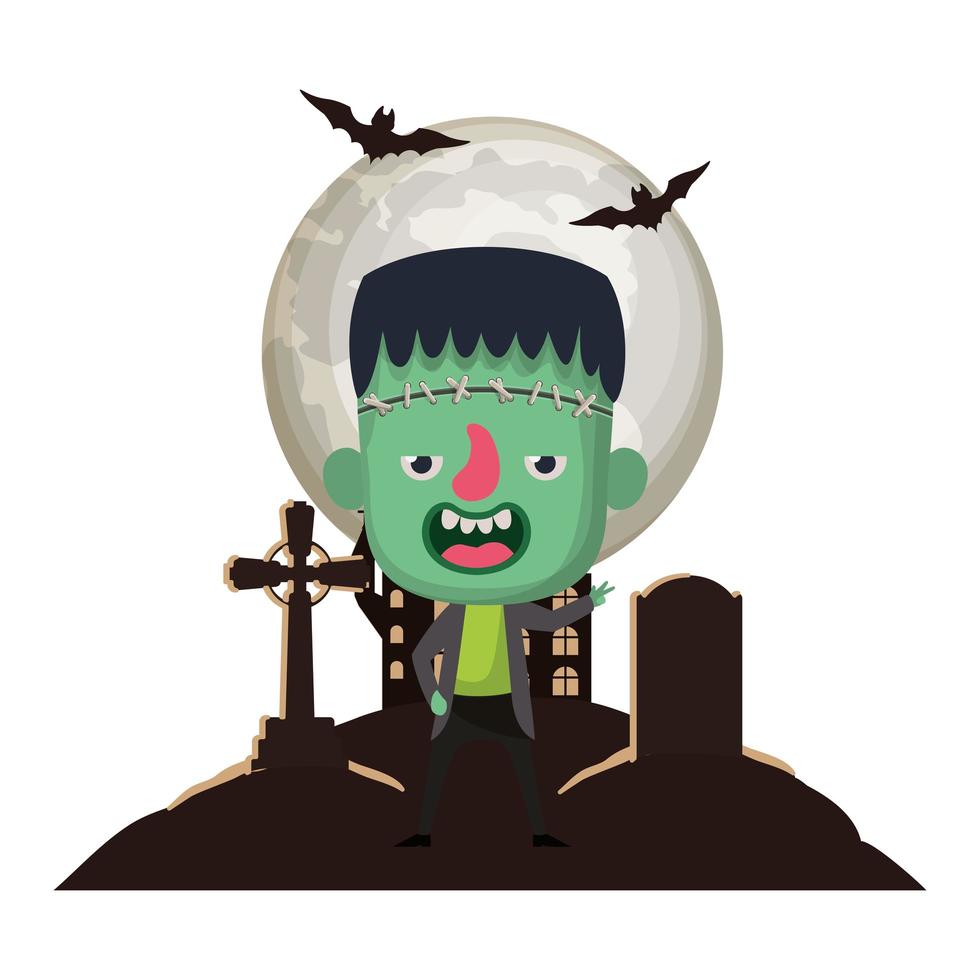menino fofo com fantasia de Frankenstein na cena do cemitério vetor