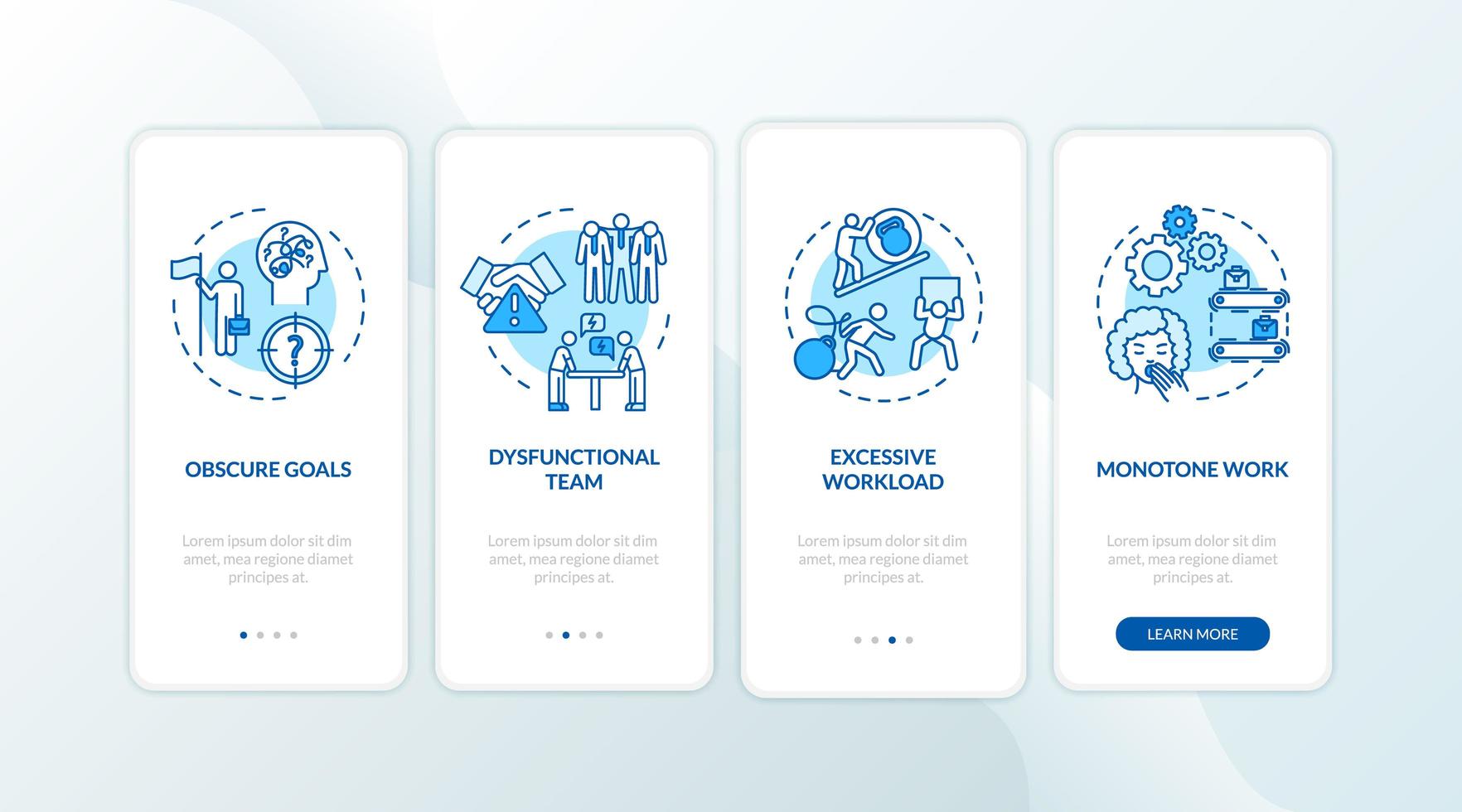 burnout onboarding tela da página do aplicativo móvel com conceitos. discussão com colegas de trabalho. work stress walkthrough 4 etapas instruções gráficas. modelo de vetor ui com ilustrações coloridas rgb
