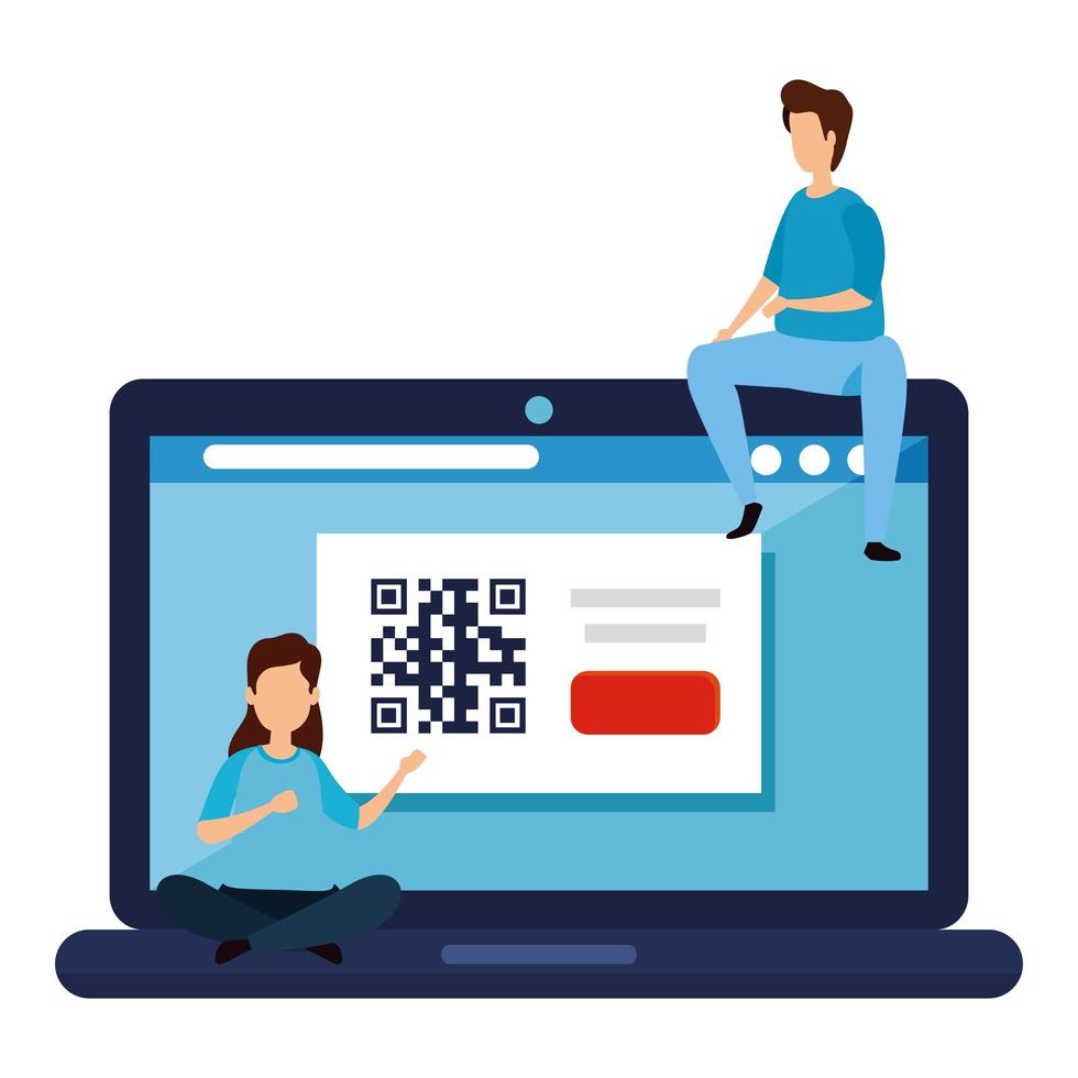 casal com código qr no laptop vetor