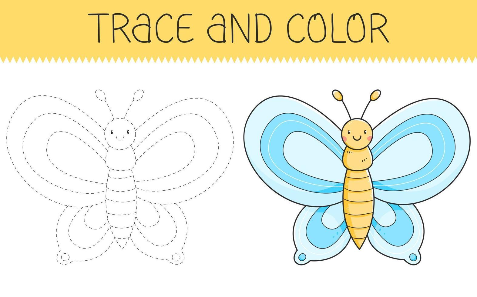 livro de colorir de rastreamento e cor com borboleta para crianças. página para colorir com borboleta de desenho animado. ilustração vetorial. vetor
