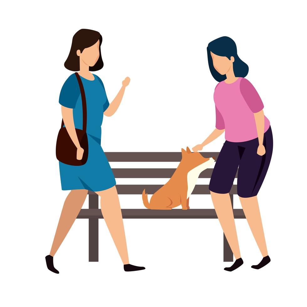 mulheres com cadeira de madeira de parque e cachorro vetor
