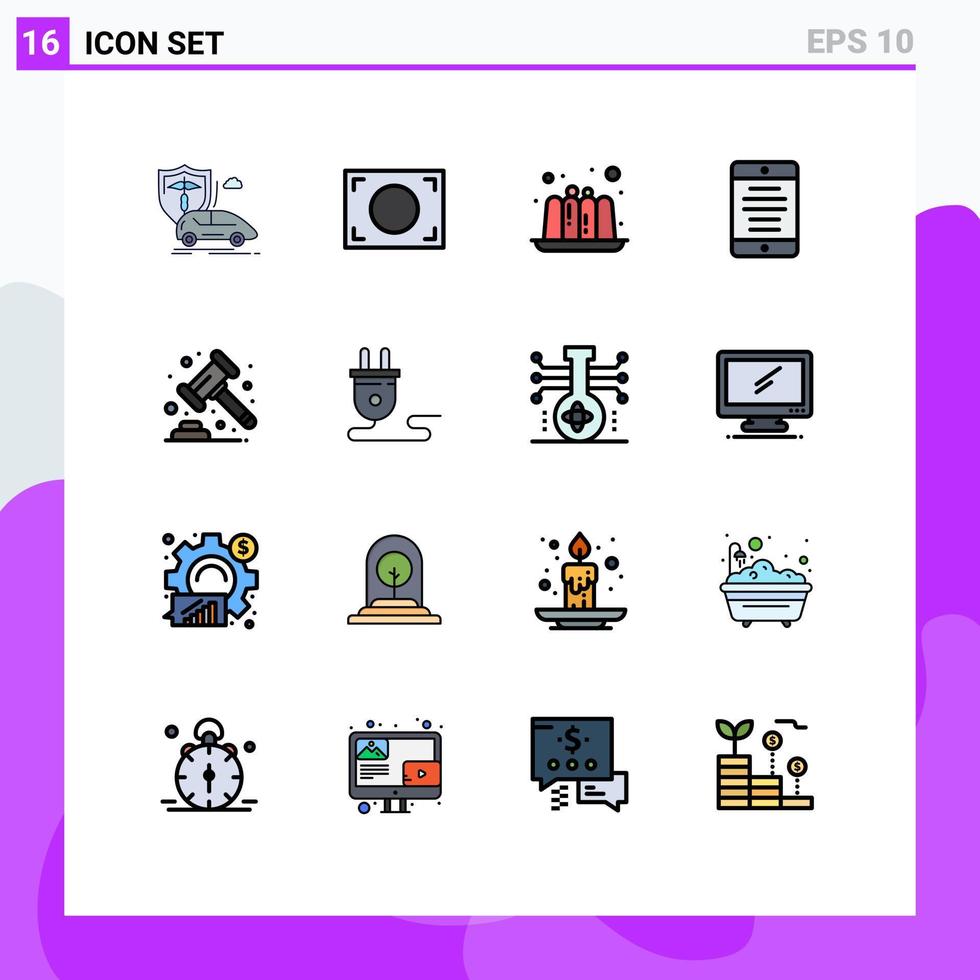 16 linhas preenchidas de cores planas universais definidas para aplicativos da web e móveis lei leilões bolo usuário telefone móvel elementos de design de vetores criativos editáveis