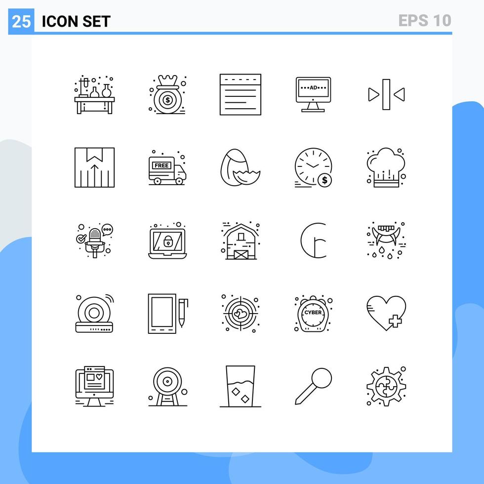 conjunto moderno de pictograma de 25 linhas de elementos de design de vetores editáveis do site de anúncio de gráfico de televisão lcd