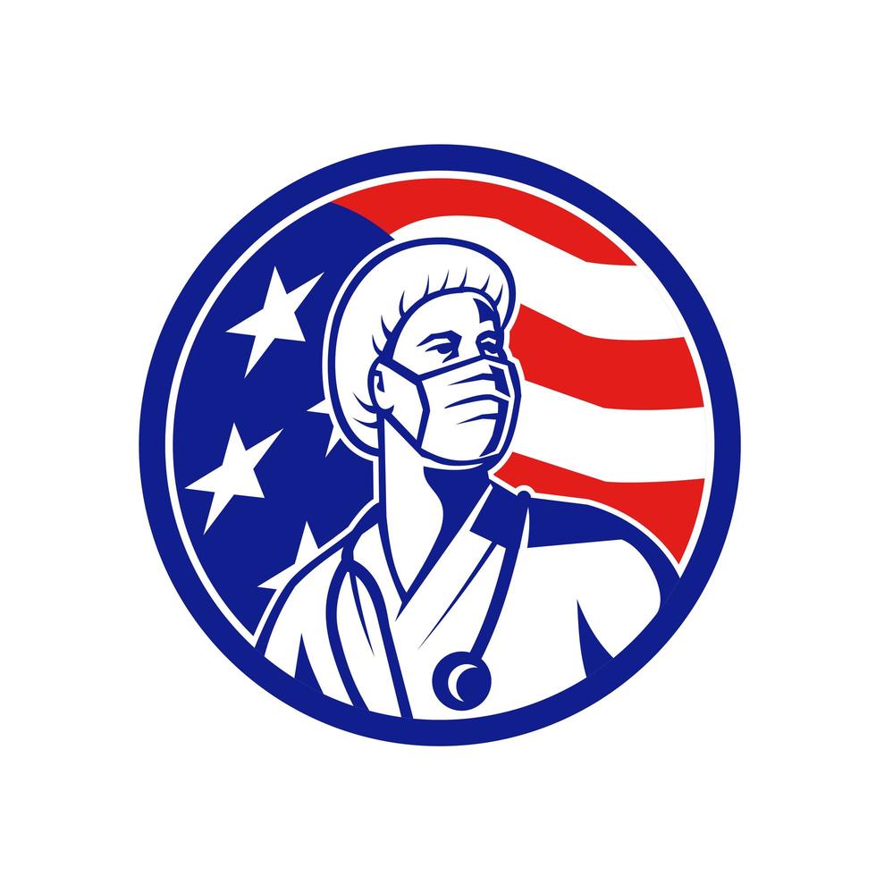 enfermeira americana olhando para o círculo da bandeira dos EUA vetor