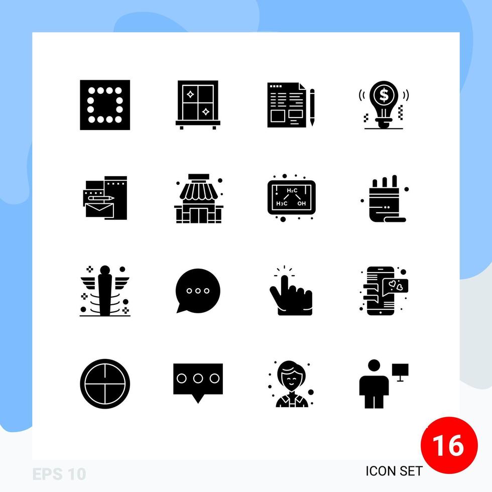 conjunto de glifos sólidos de interface móvel de 16 pictogramas de construção de ideia de identidade branding solução de elementos de design de vetores editáveis