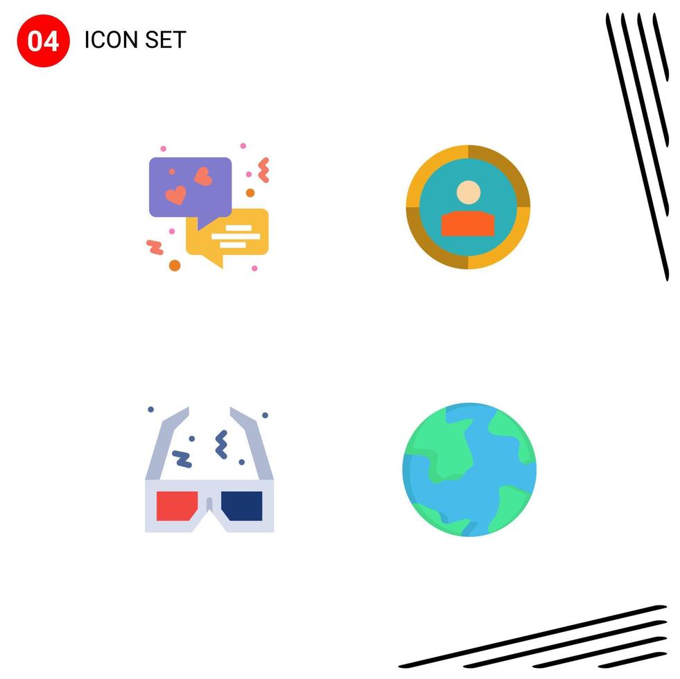 conjunto de 4 ícones planos vetoriais na grade para bate-papo, cinema, foco, óculos, globo, elementos de design vetorial editáveis vetor