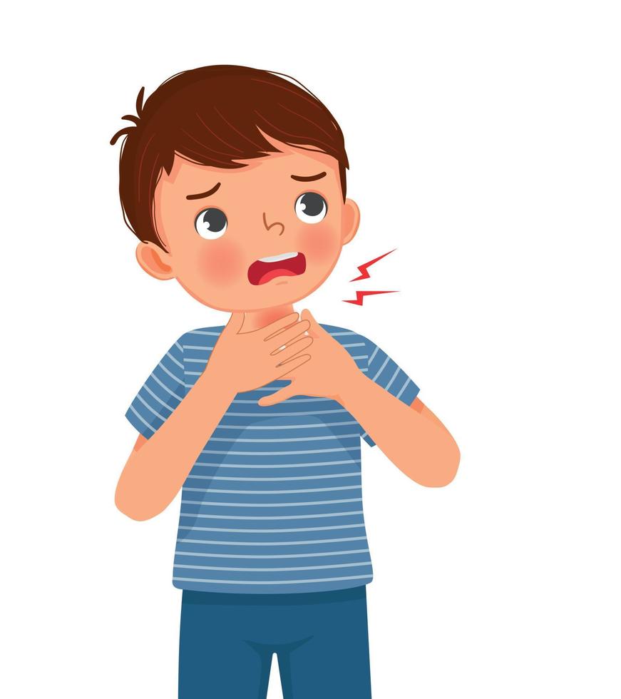 menino bonitinho sofrendo de dor de garganta tocando seu inchaço e dor no pescoço como sintomas de gripe e alergia vetor