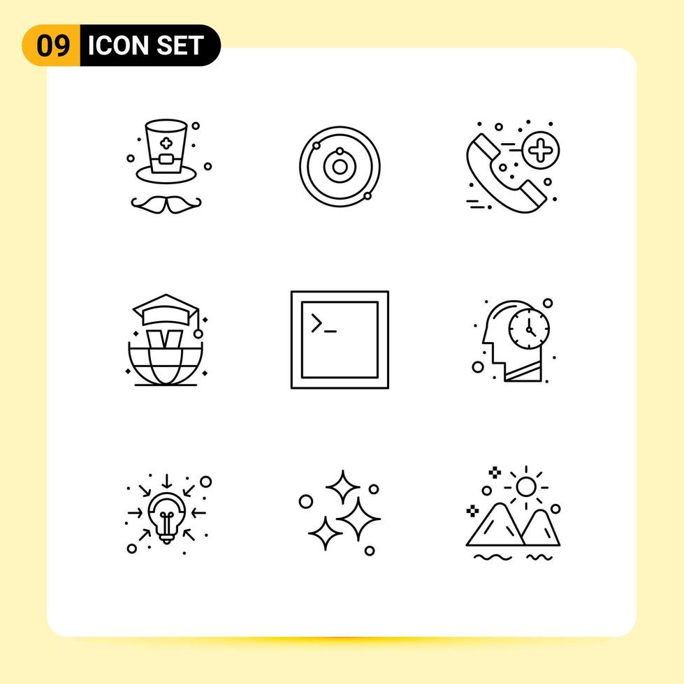 conjunto de pictogramas de 9 contornos simples de elementos de design de vetores editáveis de formatura de terminal de emergência de mente