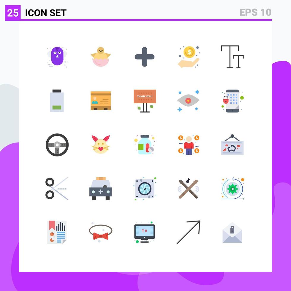 25 sinais universais de cores planas, símbolos de dinheiro na mão, dinheiro para bebês, além de elementos de design vetorial editáveis vetor