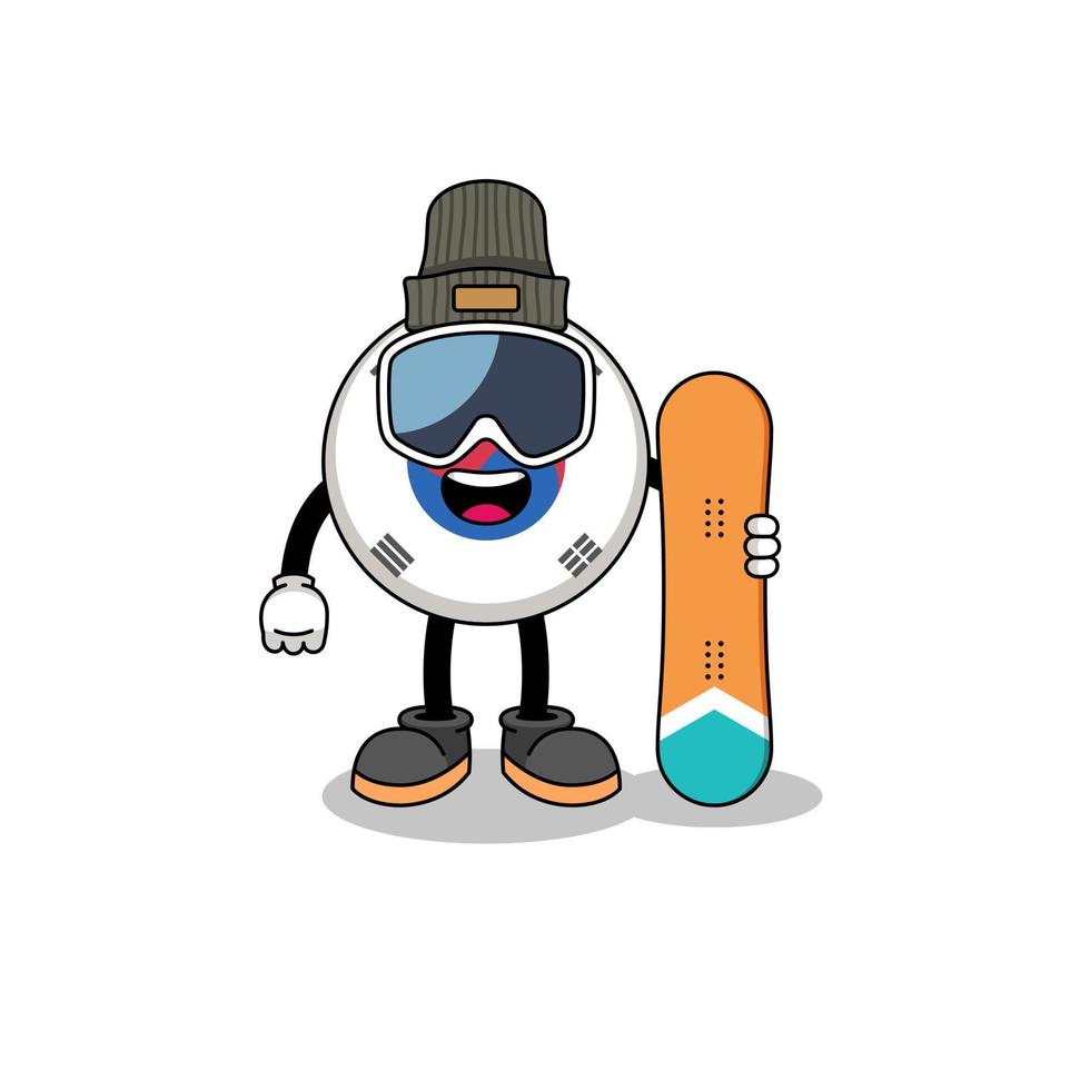 desenho de mascote do jogador de snowboard da bandeira da coreia do sul vetor
