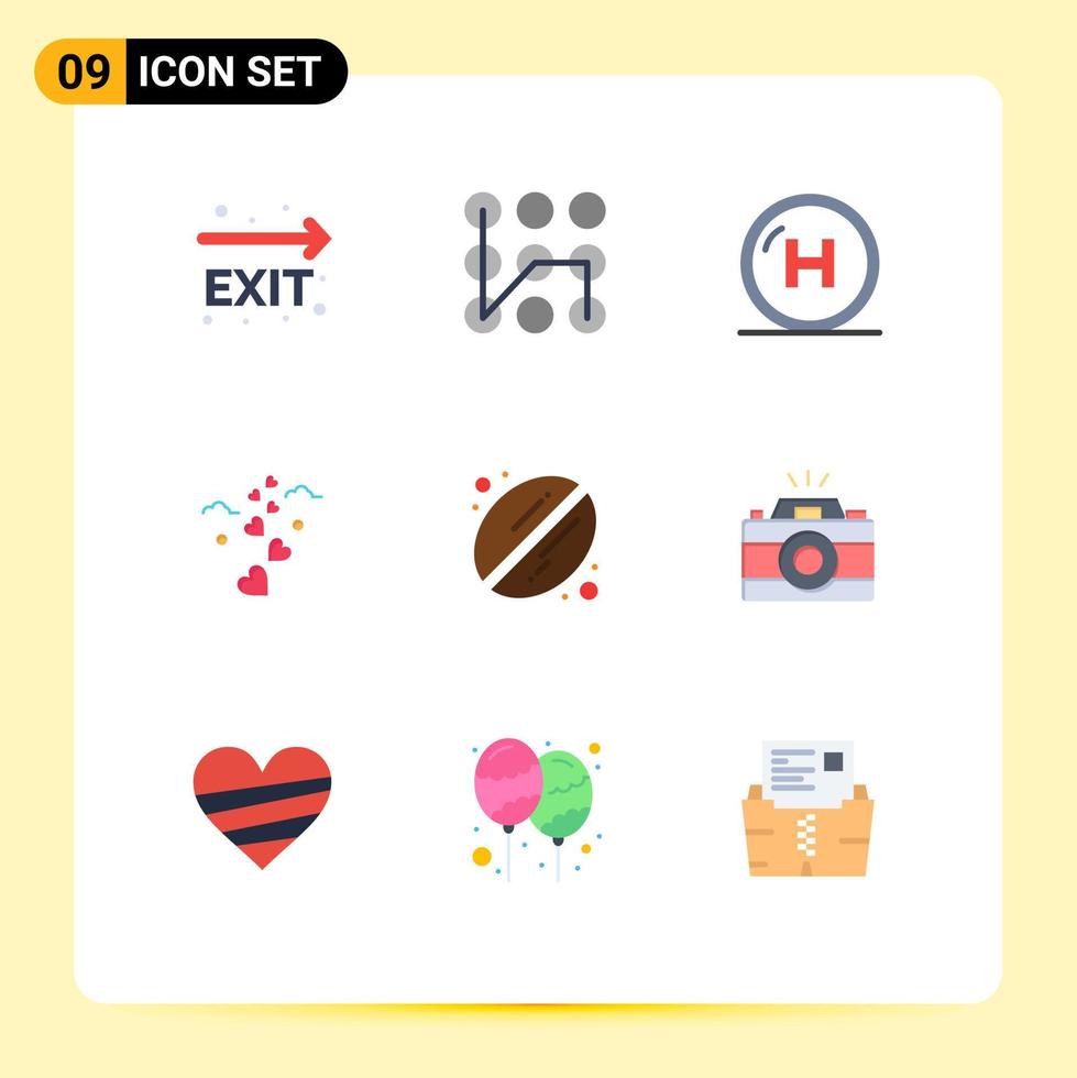 pacote de 9 sinais e símbolos modernos de cores planas para mídia impressa na web, como elementos de design vetorial editáveis de linha de amor de feijão vetor