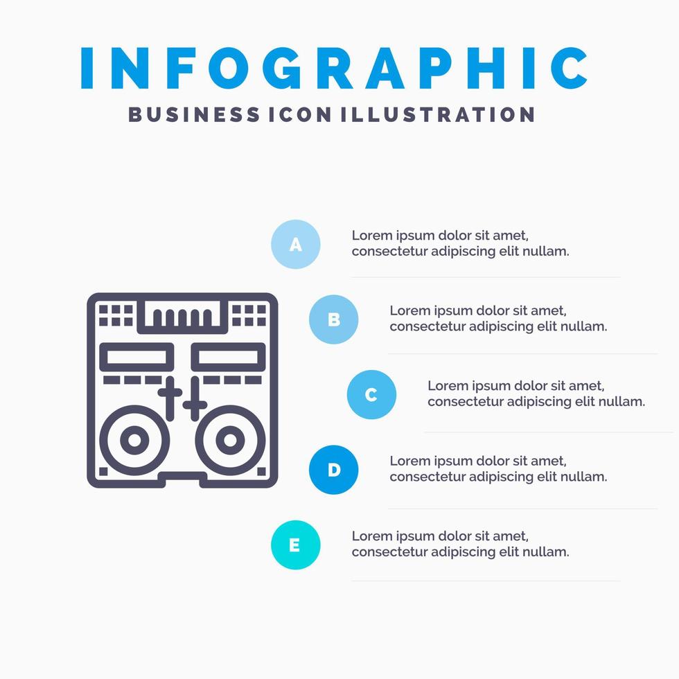 ícone de linha de música do mixer de deck de console de CD com fundo de infográficos de apresentação de 5 etapas vetor