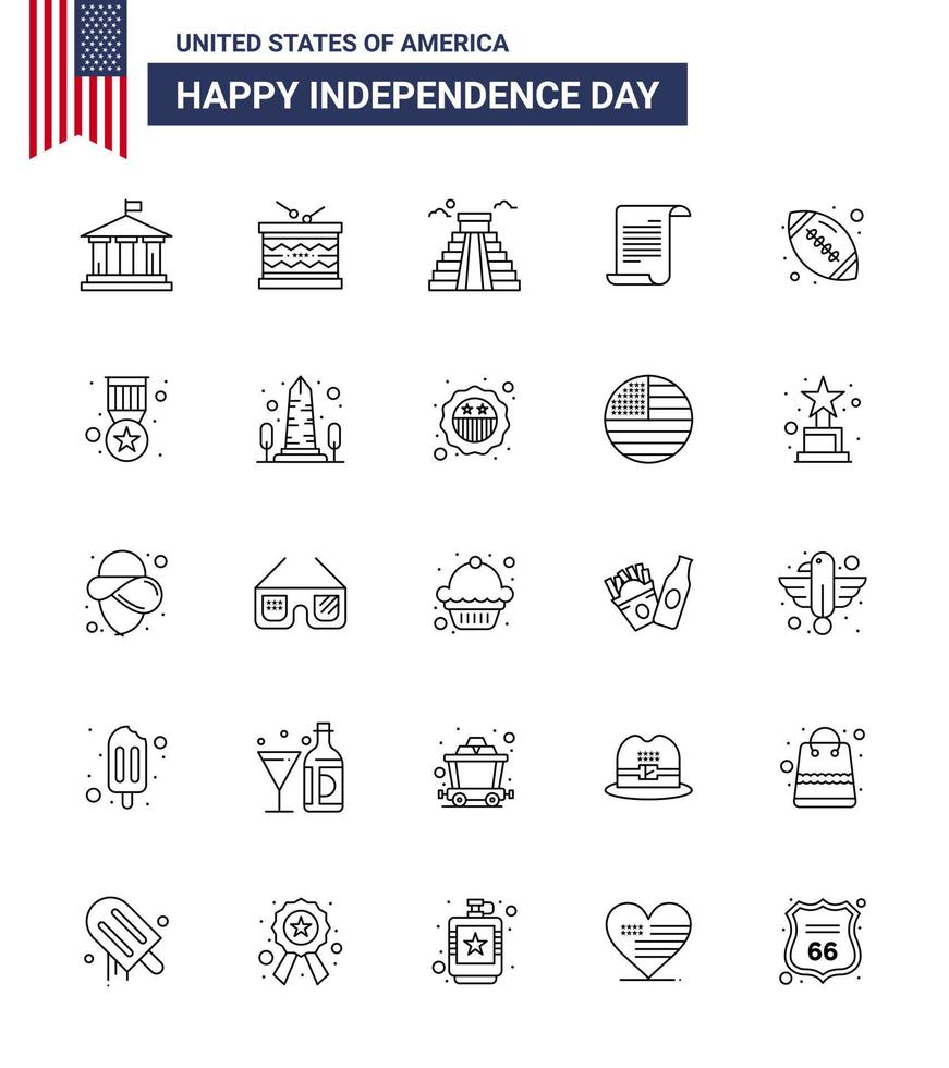linha do dia da independência dos eua conjunto de 25 pictogramas dos eua de bola texto st americano eua editável dia dos eua vetor elementos de design
