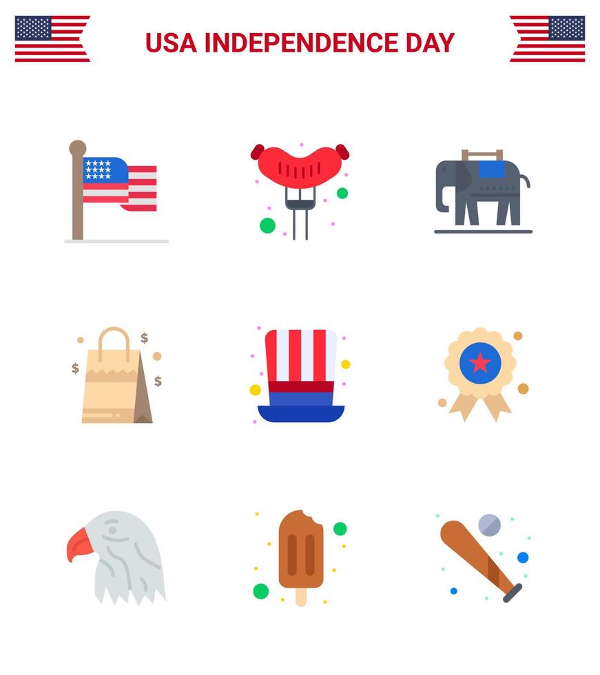 feliz dia da independência pacote de 9 sinais e símbolos de apartamentos para chapéu eua dia americano eua editável dia eua vetor elementos de design