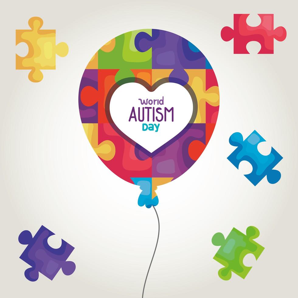 dia mundial do autismo com balão de hélio e peças de quebra-cabeça vetor