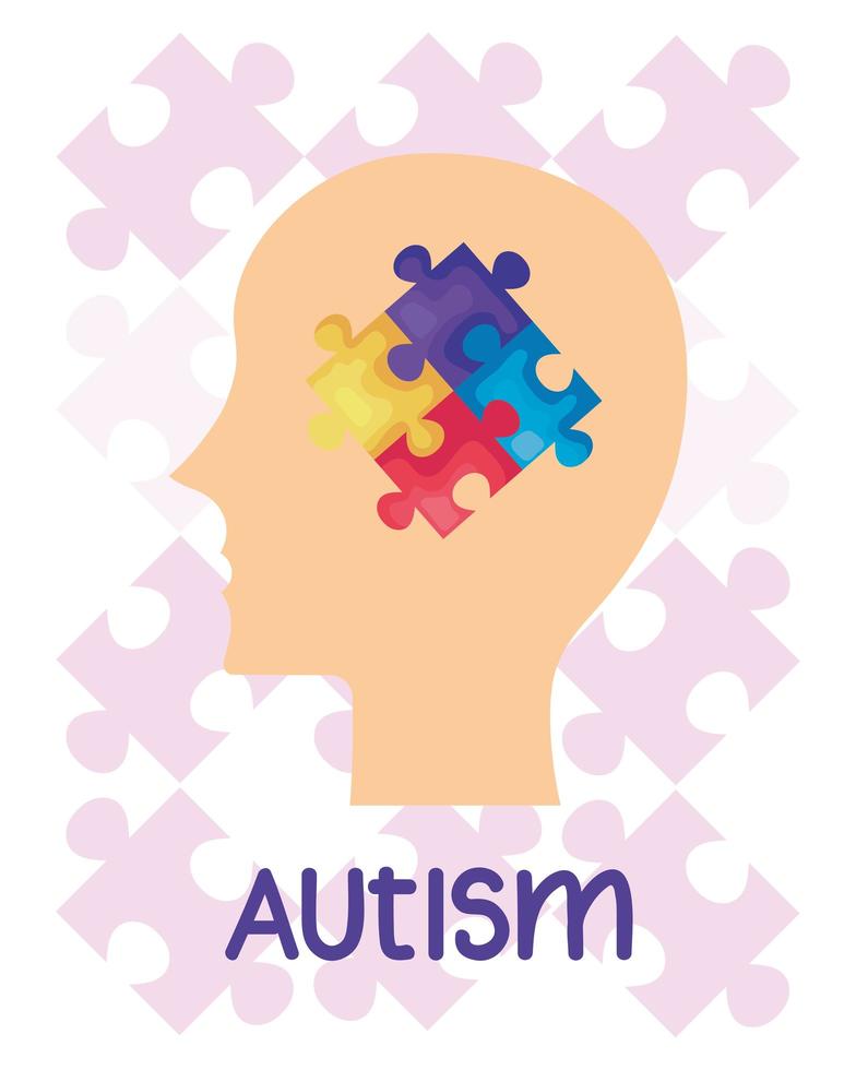 dia mundial do autismo com perfil de cabeça e peças de quebra-cabeça vetor