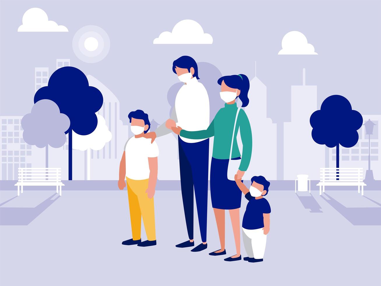 família com máscaras no parque em frente ao desenho vetorial da cidade vetor