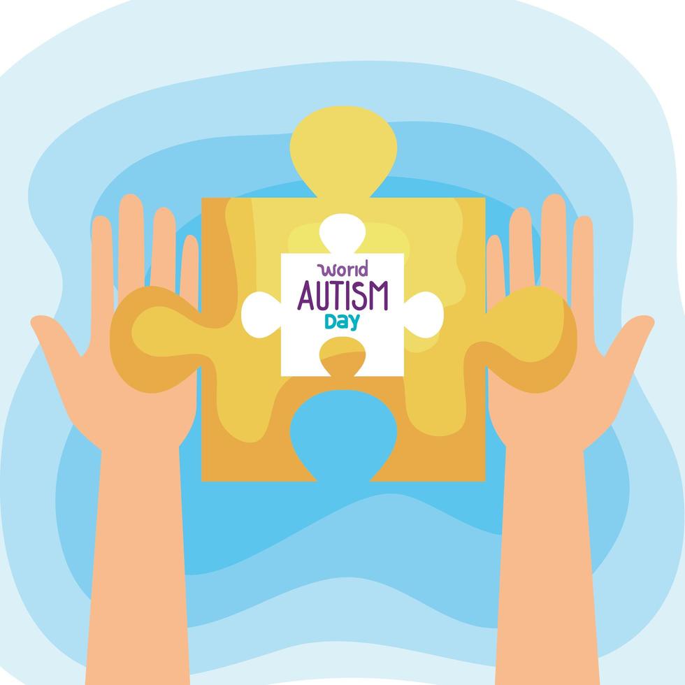 dia mundial do autismo com as mãos e peça do quebra-cabeça vetor