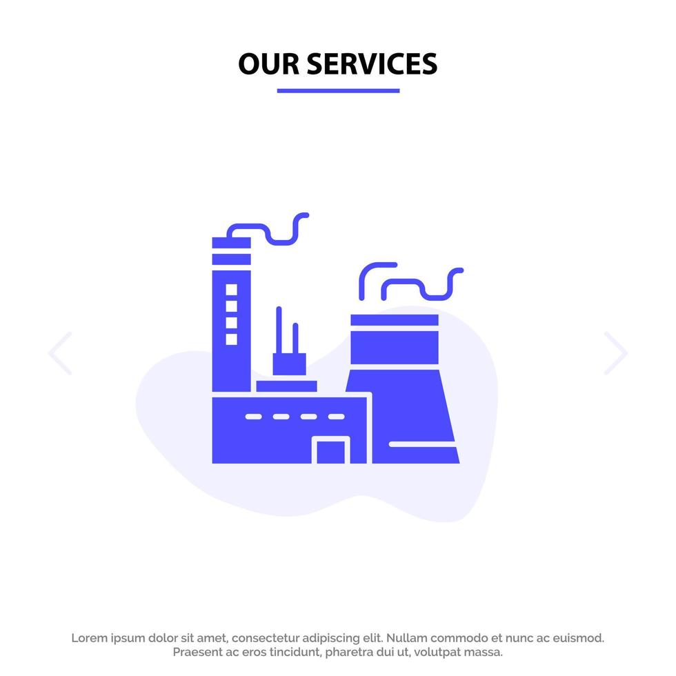 nossos serviços modelo de cartão web de ícone de glifo sólido de indústria de construção de edifícios vetor