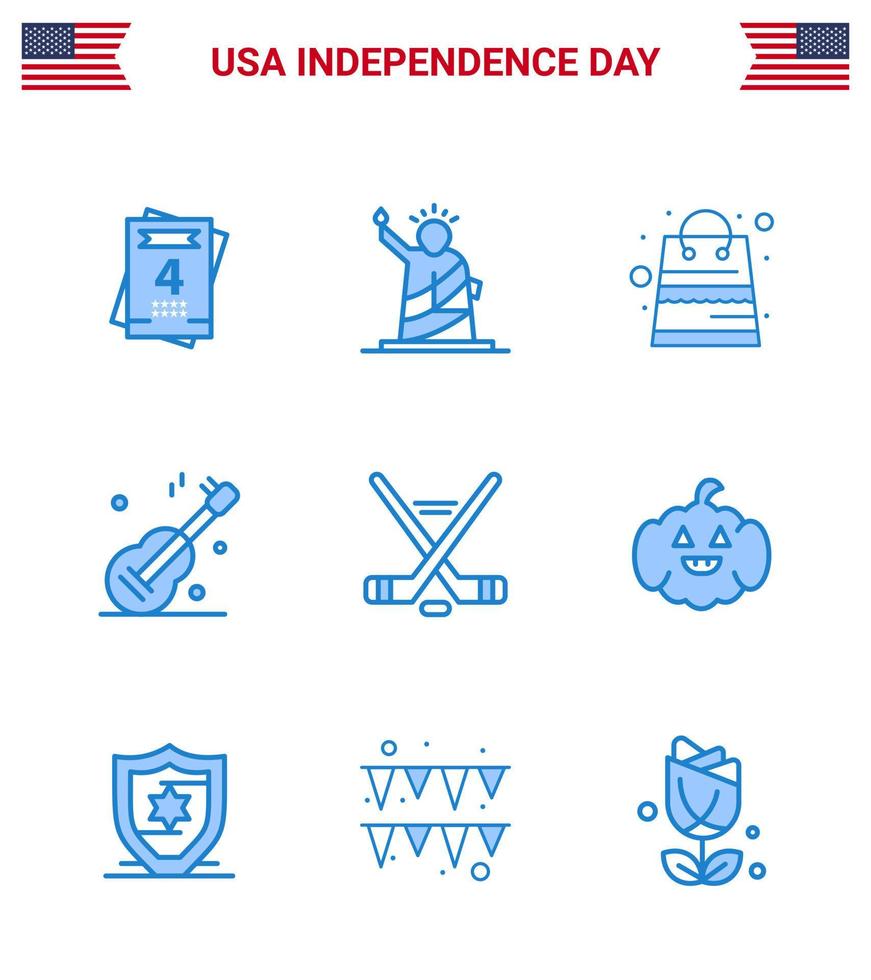 grupo de 9 blues definido para o dia da independência dos estados unidos da américa, como esporte de gelo bolsa americana eua guiter editável eua dia vetor elementos de design