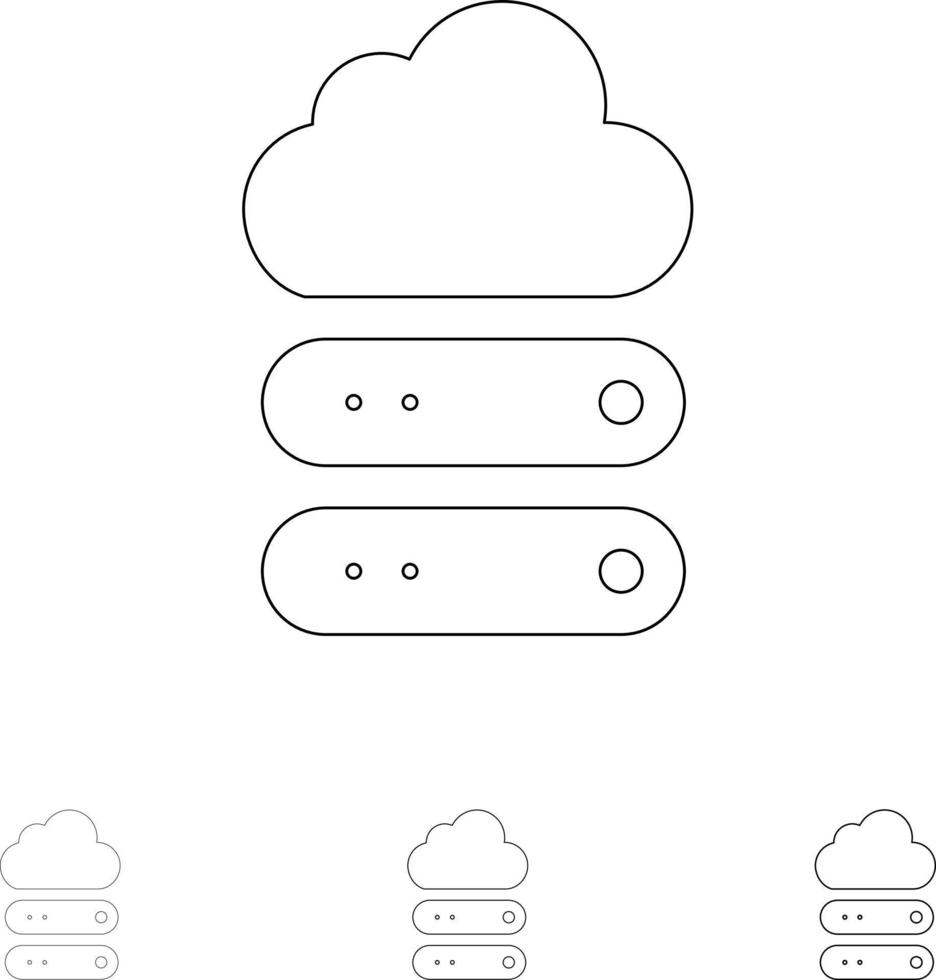 conjunto de ícones de linha preta em negrito e fino de armazenamento de dados em nuvem grande vetor