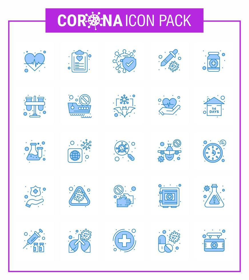 25 pacote de ícones do vírus viral azul corona, como drogas, plano de pipeta, saúde, coronavírus viral seguro, elementos de design de vetor de doença de 2019nov