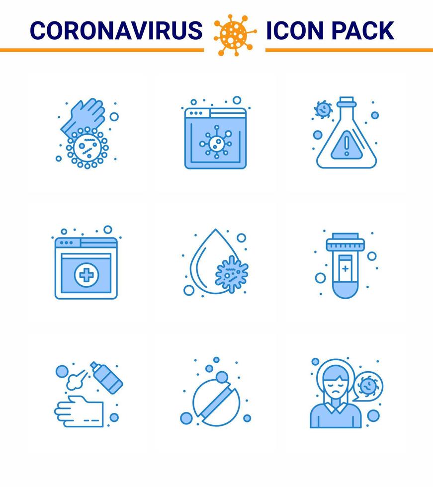 ícones de conscientização de coronavírus 9 ícone azul corona vírus relacionado à gripe, como laboratório de febre sanguínea, serviços de vírus sanguíneos, coronavírus viral 2019nov elementos de design de vetor de doença