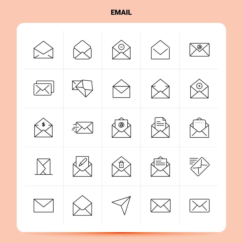 esboço 25 conjunto de ícones de e-mail design de estilo de linha de vetor ícones pretos conjunto de pictograma linear pacote de ideias de negócios móveis e web design ilustração vetorial