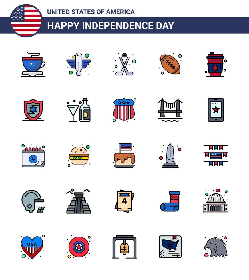 conjunto moderno de 25 linhas planas preenchidas e símbolos no dia da independência dos eua, como beber bola americana bola de esportes americana editável eua dia vetor elementos de design