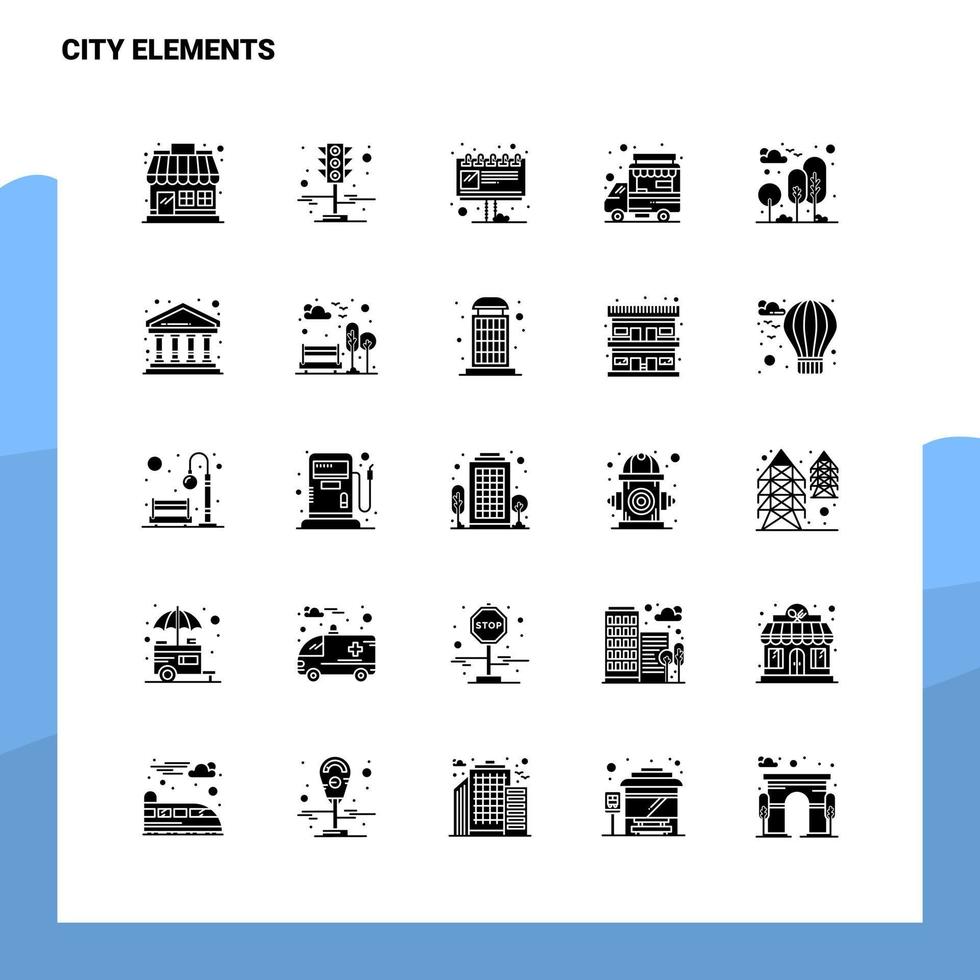 conjunto de ícones de 25 elementos da cidade modelo de ilustração vetorial de ícone de glifo sólido para web e ideias móveis para empresa de negócios vetor