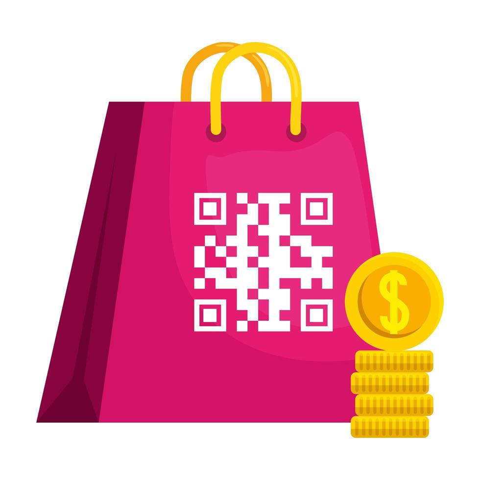 código qr sobre desenho vetorial de bolsa e moedas vetor