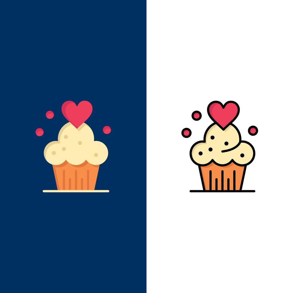 bolo cupcake muffins ícones de doces assados plano e conjunto de ícones cheios de linha vector fundo azul