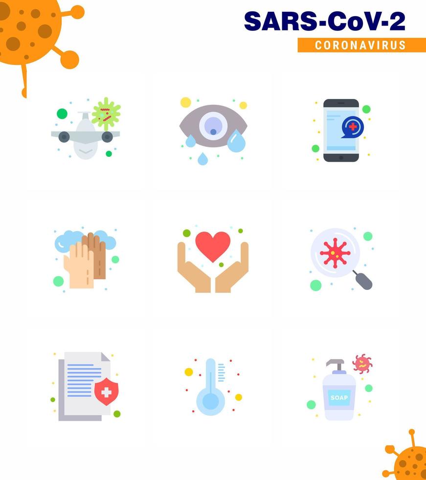 conjunto de ícones de prevenção de coronavírus 9 ícone de cor plana, como cuidado médico, olho humano, serviço de mãos, vírus viral, elementos de design de vetor de doença de 2019nov