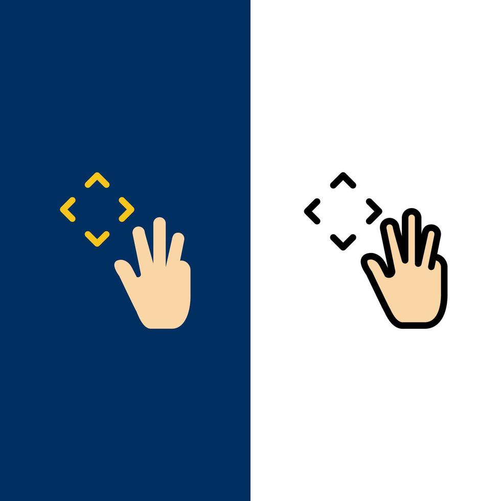 cursor de mão de mão para cima ícones de garupa plano e conjunto de ícones cheios de linha vector fundo azul