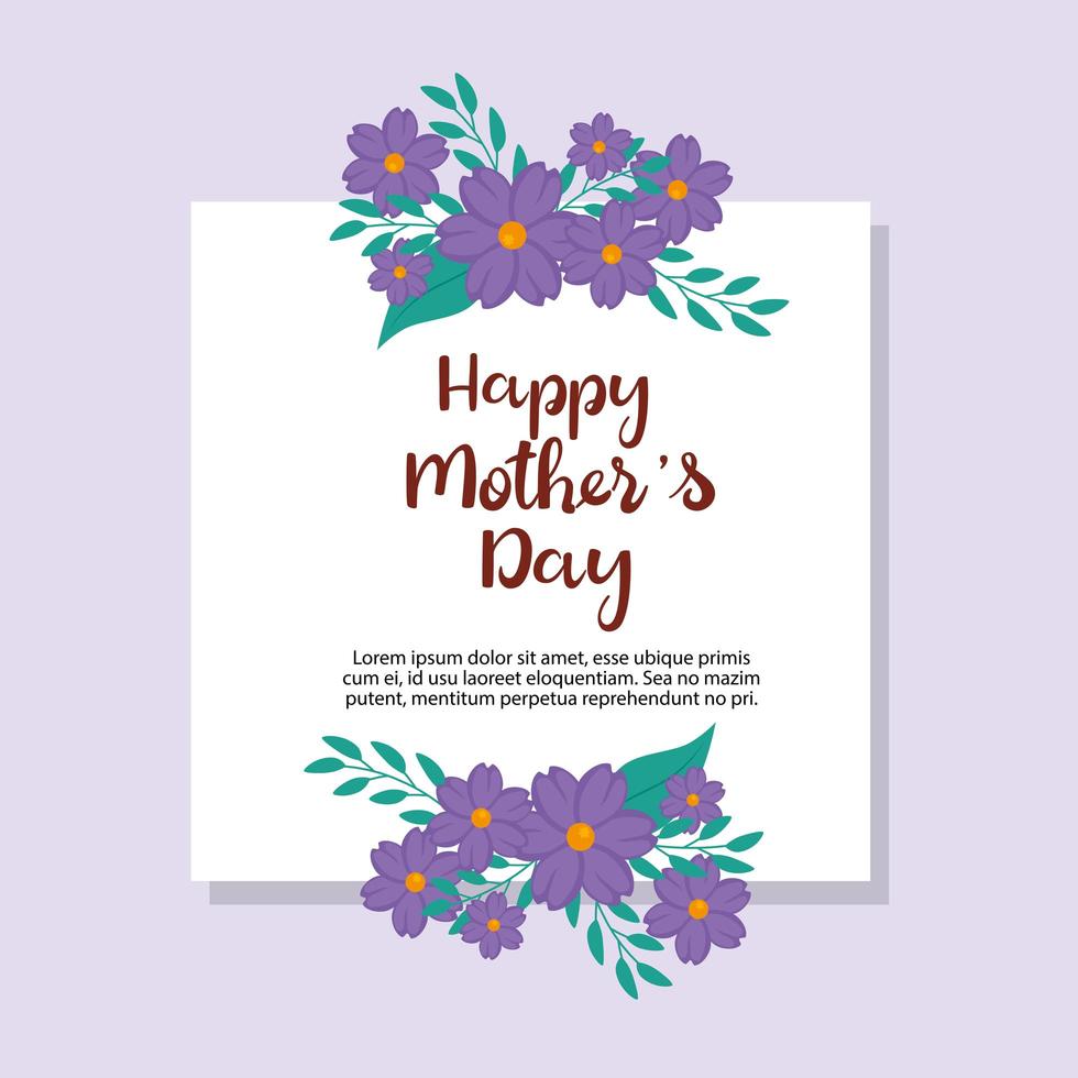 cartão de feliz dia das mães com moldura quadrada e decoração de flores vetor