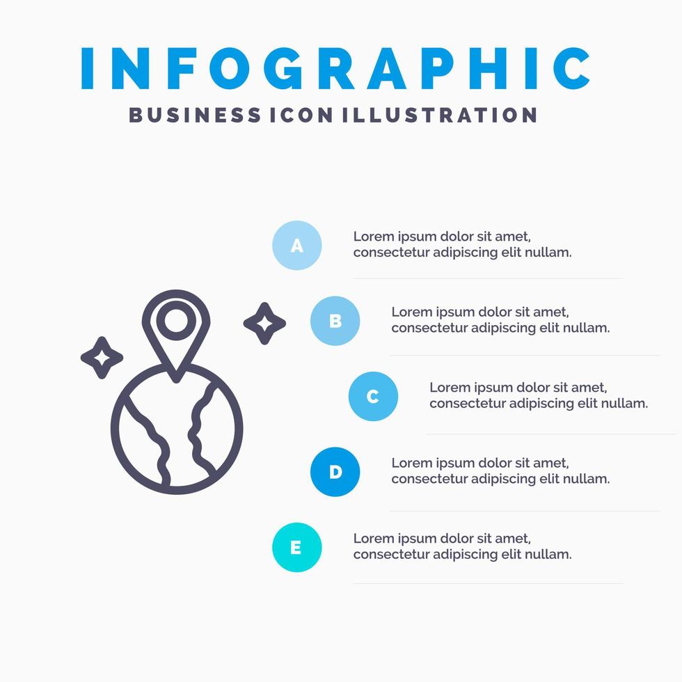 ícone da linha de localização do mapa mundial com fundo de infográficos de apresentação de 5 etapas vetor