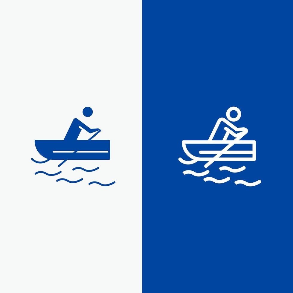 linha de água de treinamento de remo de barco e ícone sólido de glifo banner azul linha e ícone sólido de glifo banner azul vetor