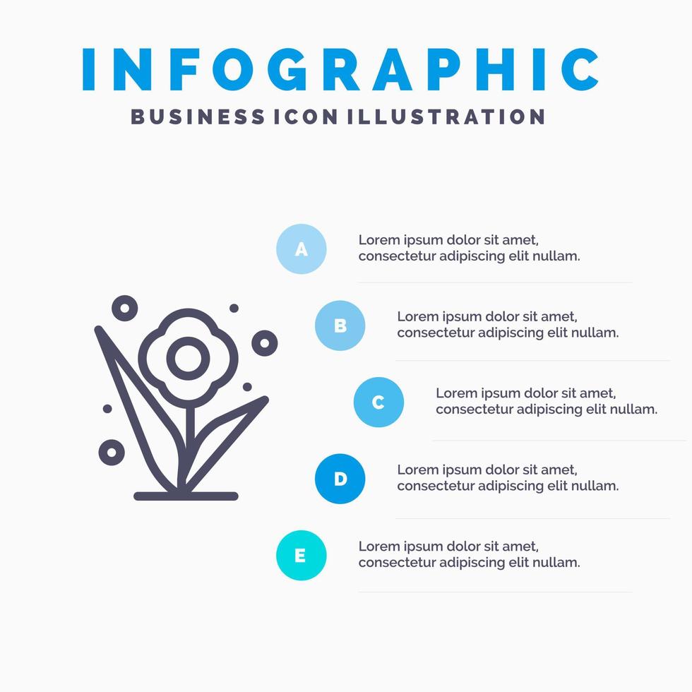 ícone de linha de primavera rosa de planta de flores com fundo de infográficos de apresentação de 5 etapas vetor