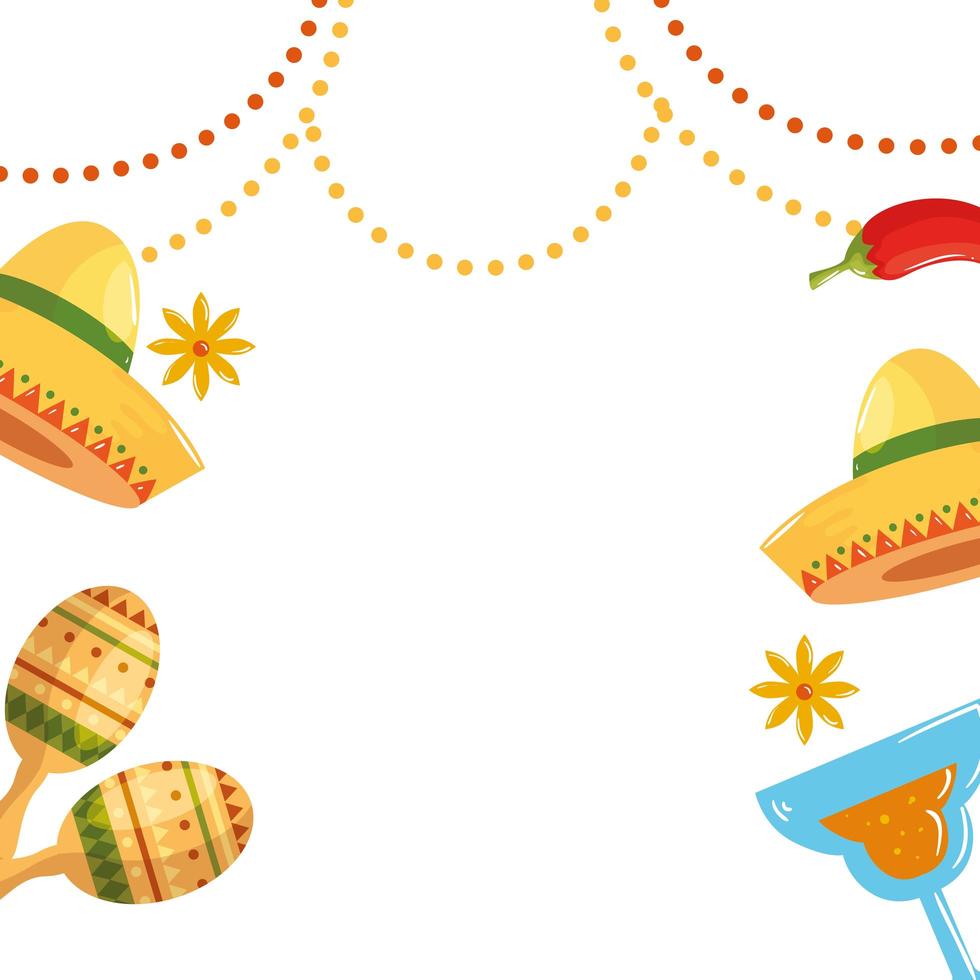 chapéus mexicanos isolados maracas coquetel e desenho vetorial de pimenta vetor