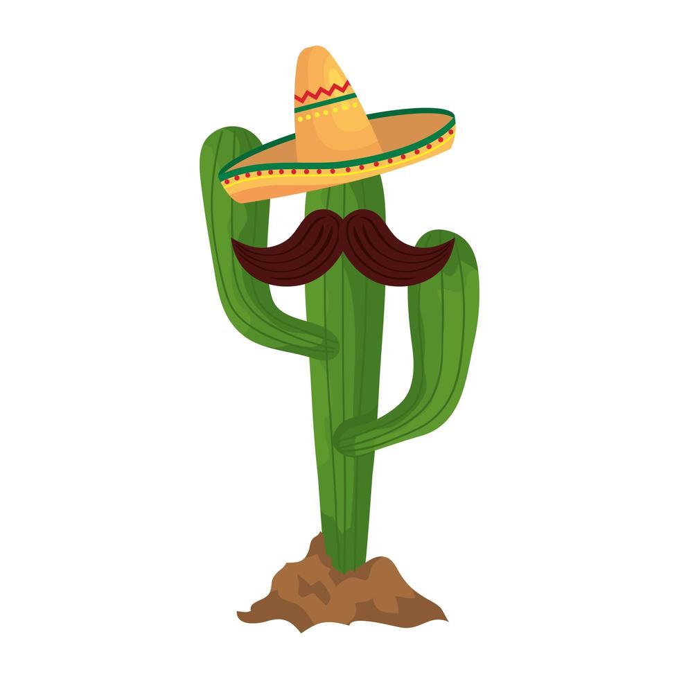 cacto mexicano isolado com desenho vetorial de chapéu e bigode vetor