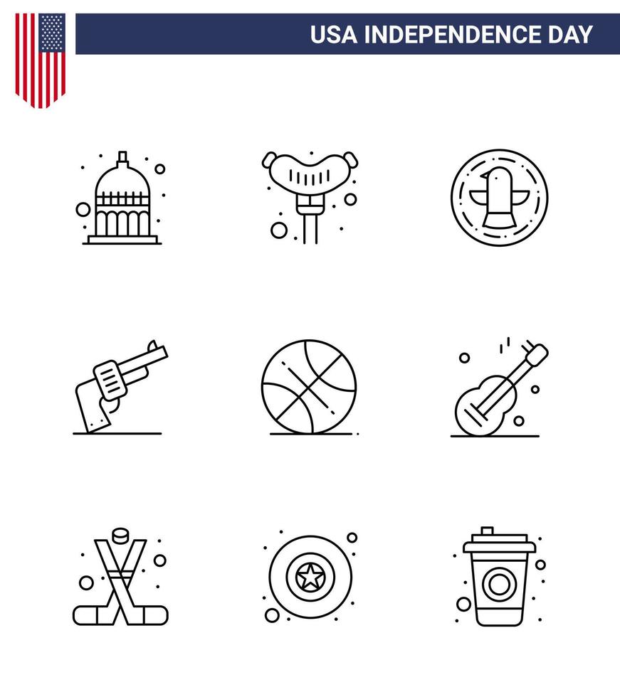 9 pacote de linha eua de sinais do dia da independência e símbolos de esportes backetball pássaro americano mão editável eua dia vetor elementos de design