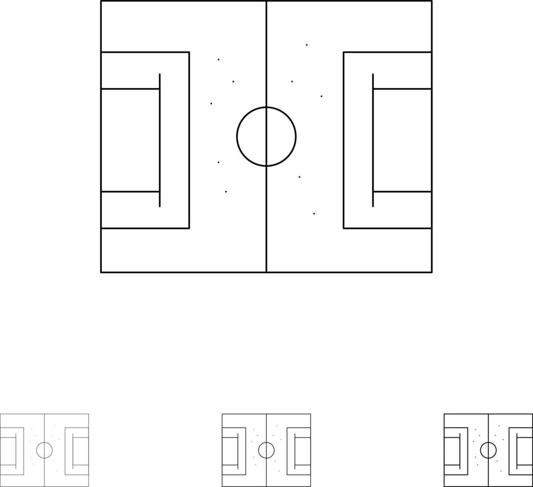 jogo de futebol de campo campo de futebol conjunto de ícones de linha preta fina e ousada vetor