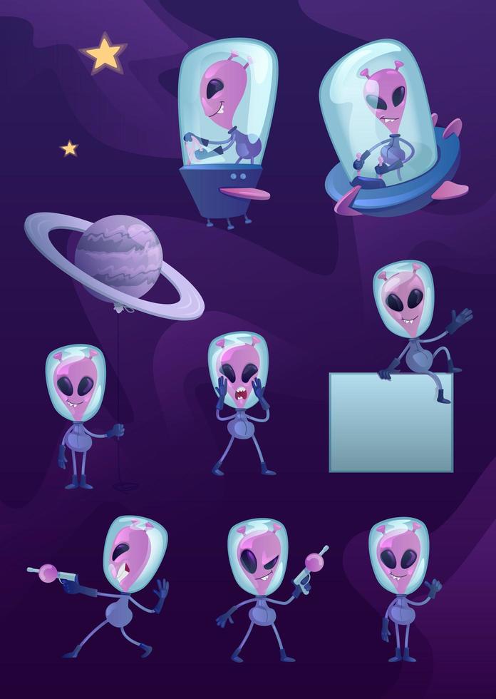 kit extraterrestre de ilustrações de personagens de desenhos animados 2D vetor