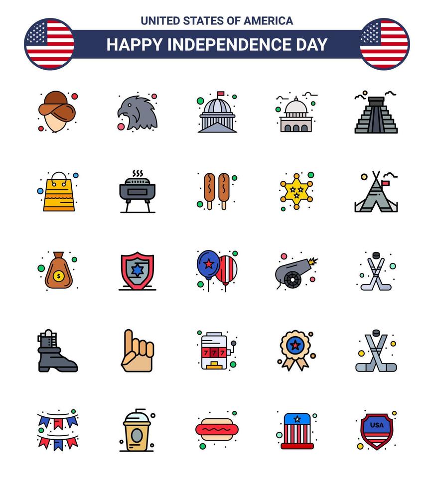 grande pacote de 25 eua feliz dia da independência eua vector linhas planas preenchidas e símbolos editáveis de pacotes saco marco eua marco editável dia eua vetor elementos de design