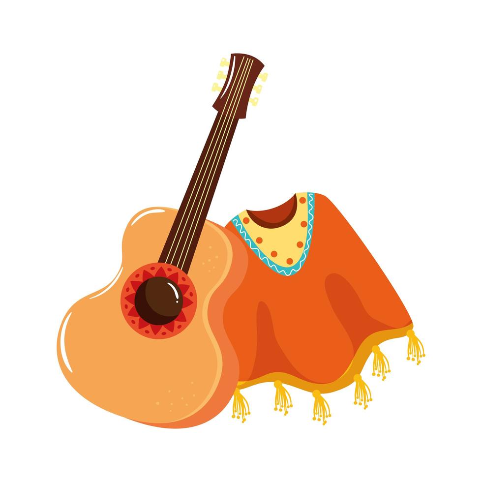 guitarra mexicana isolada e desenho vetorial de poncho vetor