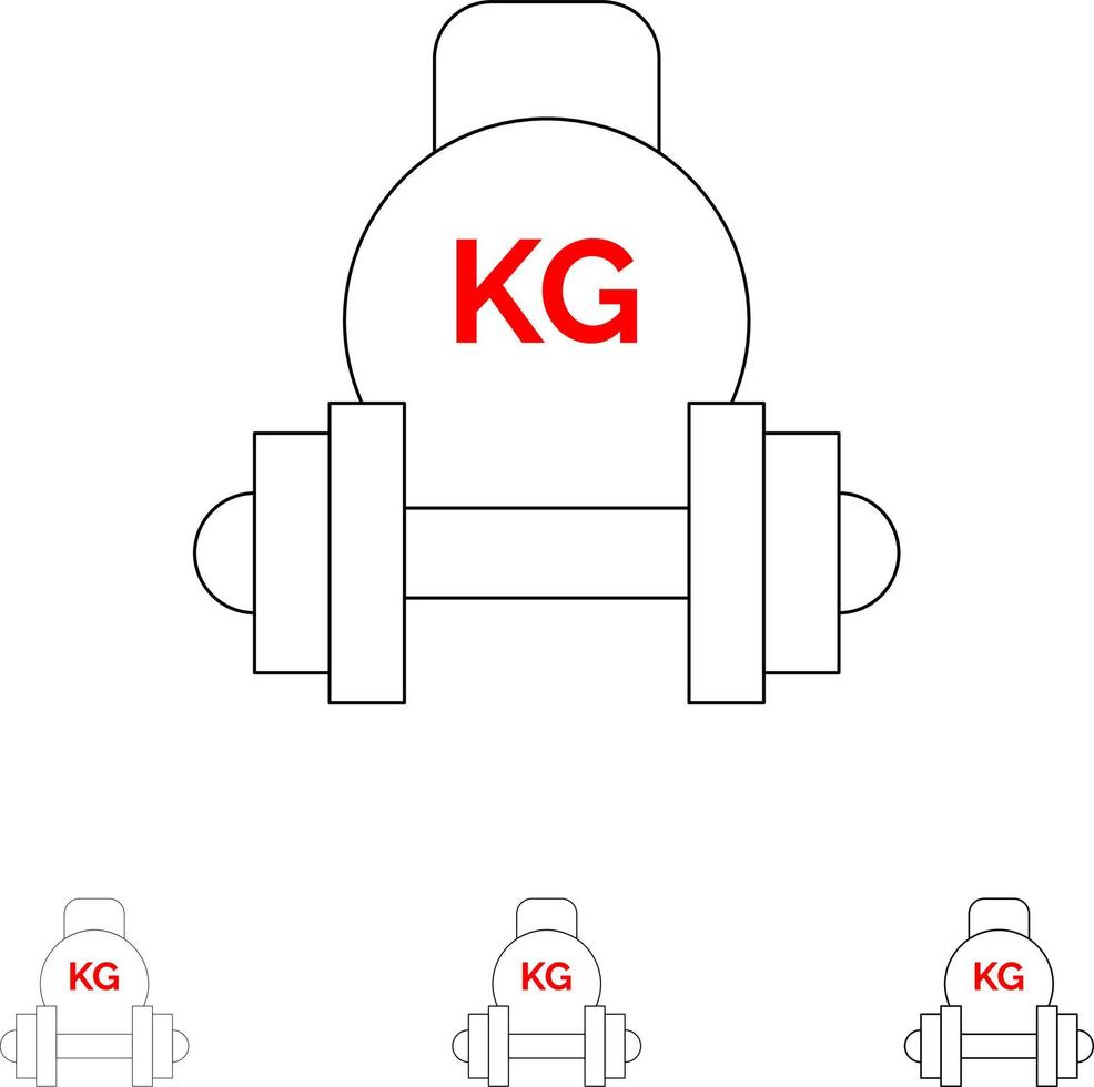 equipamento de haltere de barra peso de sino de chaleira conjunto de ícones de linha preta em negrito e fino vetor