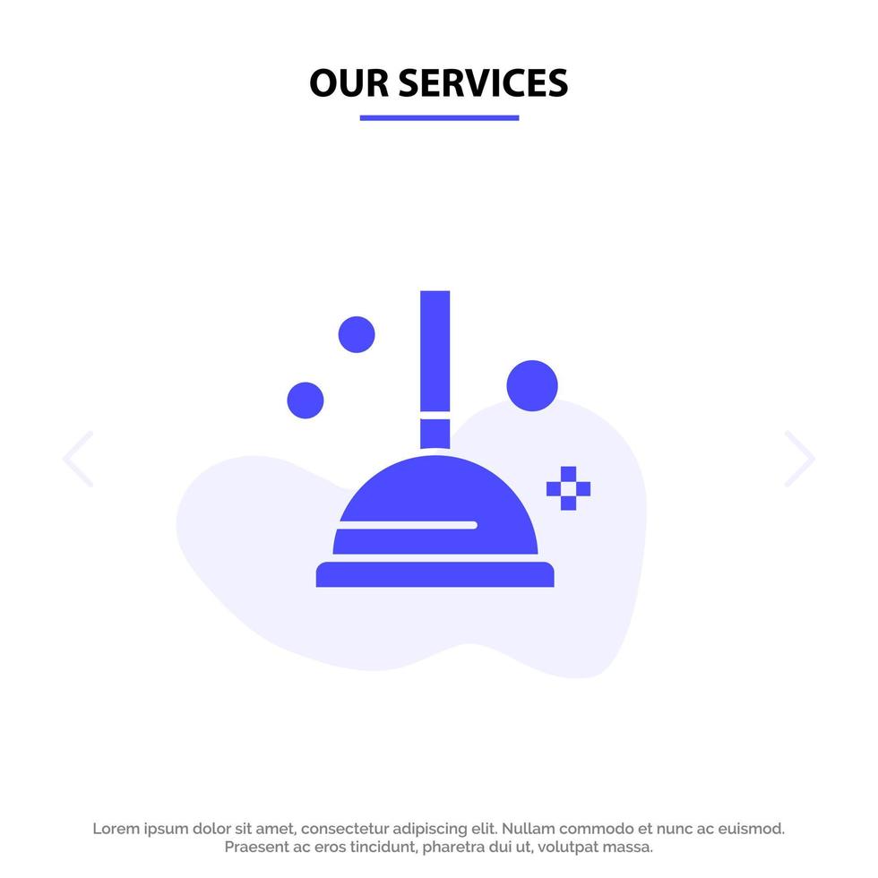 nossos serviços modelo de cartão web de ícone de glifo sólido de êmbolo de melhoria de limpeza vetor